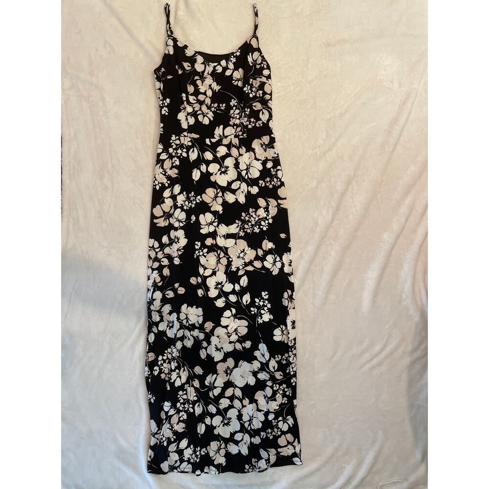 CALVIN KLEIN Floral Midi Dress Black White Womens 8 Spaghetti Strap Maxi Y2K 00s